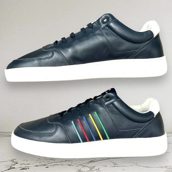 NEW PAUL SMITH Leather Saturn Trainers Sneakers Dark Navy Rainbow Stripe 8 - Picture 4 of 11